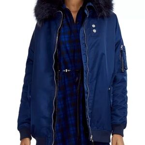 Maje Govember Blue Faux Fur Trimmed Parka Coat Jacket